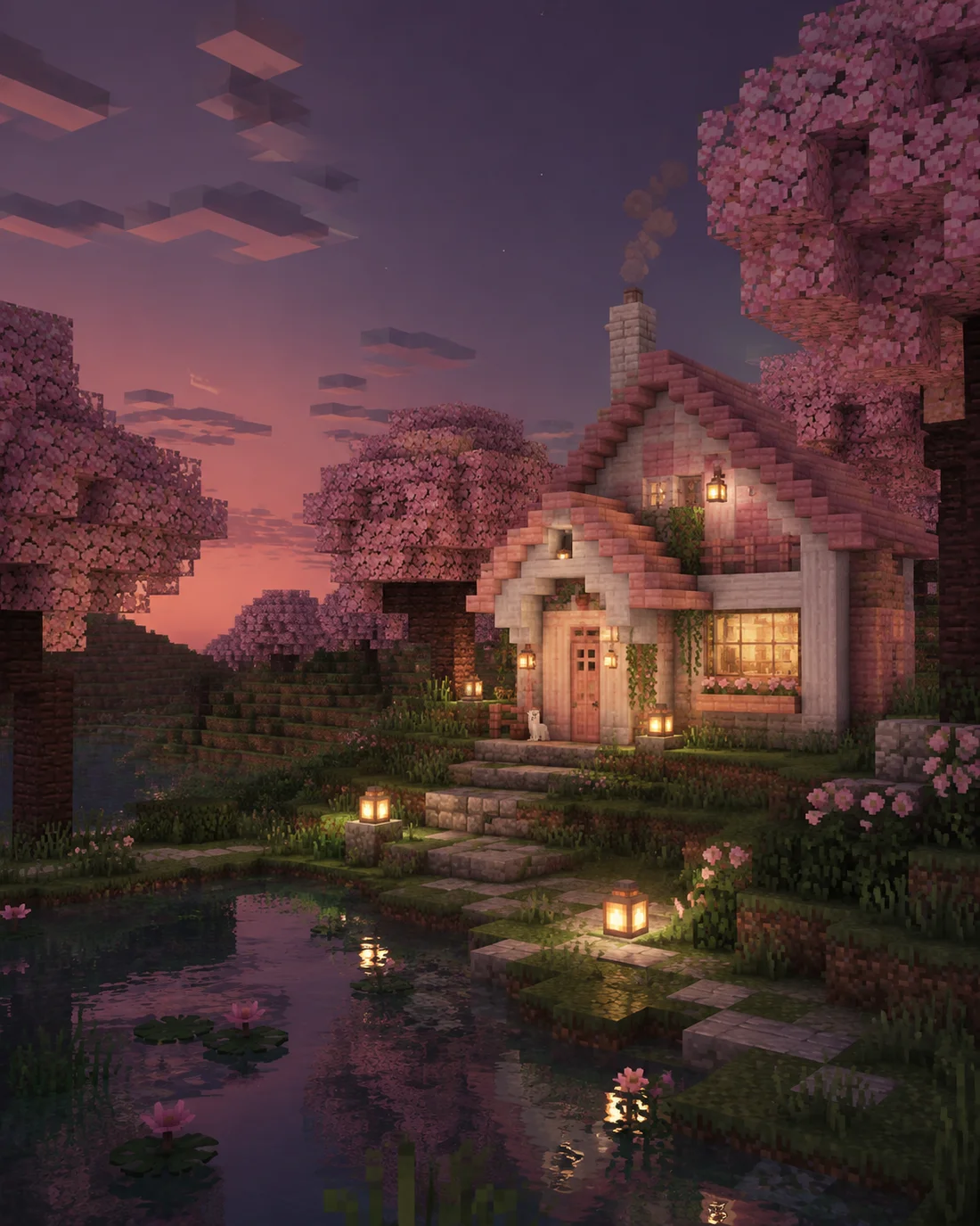 Sakura ağaçları ve sakin bir gölet yanında sıcak ışıklı Minecraft evi
