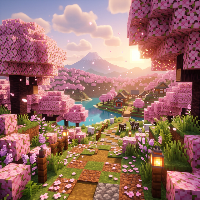 Sakura ağaçları arasında bir Minecraft köyü