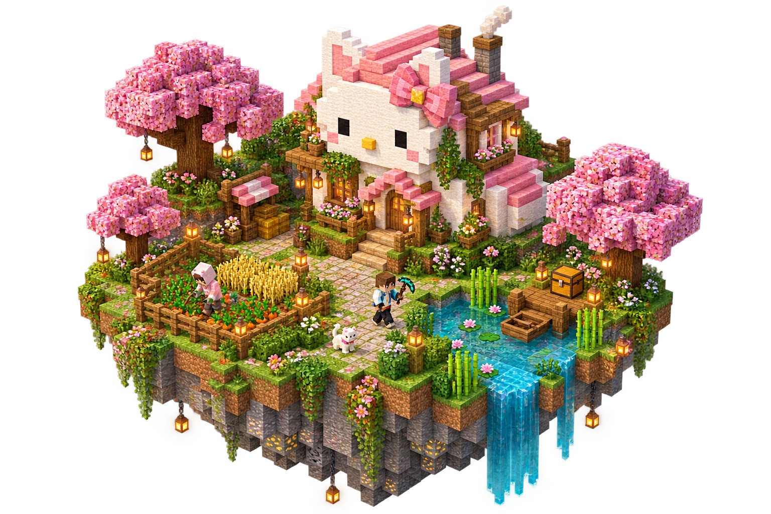 Pembe kedi evi, sakura ağaçları ve tarlasıyla yüzen Minecraft adası